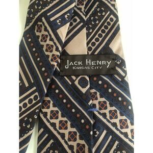 Jack Henry Men’s All Silk Necktie Geometric Tan & Black 58x4” Vintage Kansas